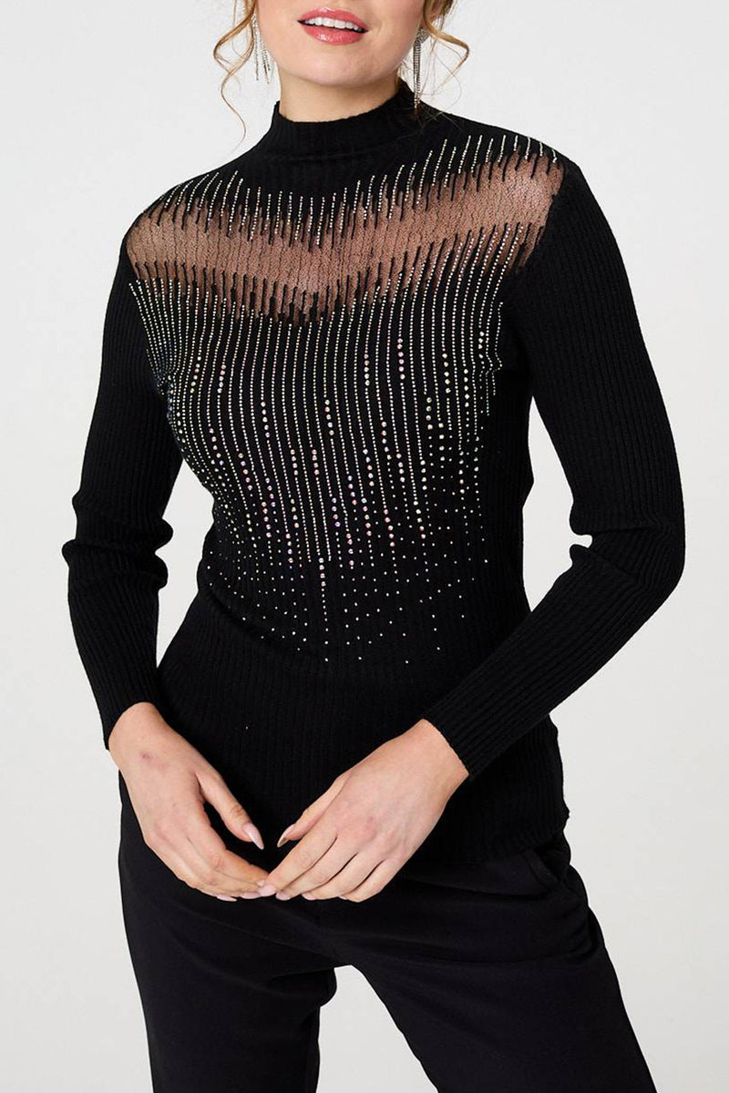 BLACK | Sequin Stripe Semi Sheer Knit Top
