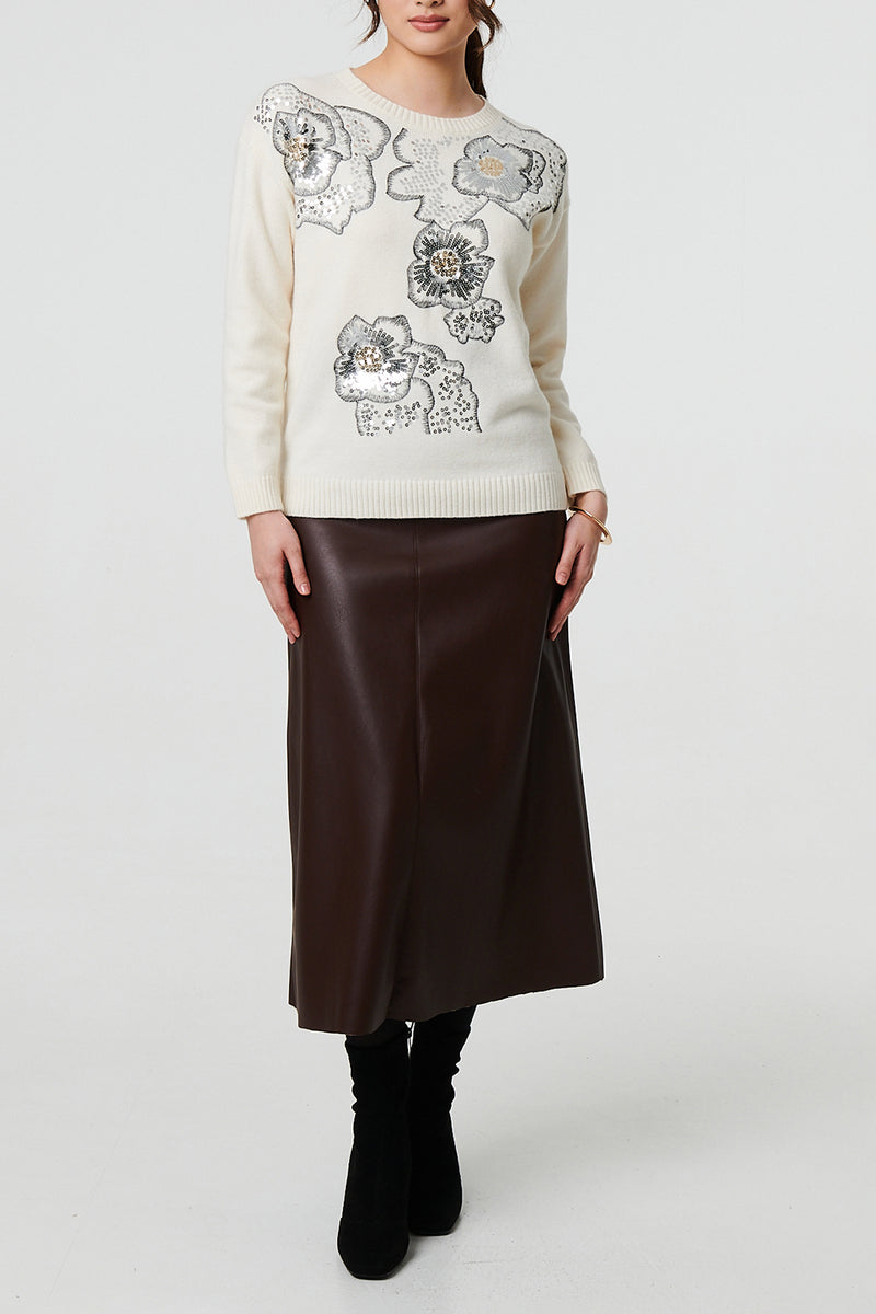 IVORY | Sequin Floral Print Long Sleeve Jumper
