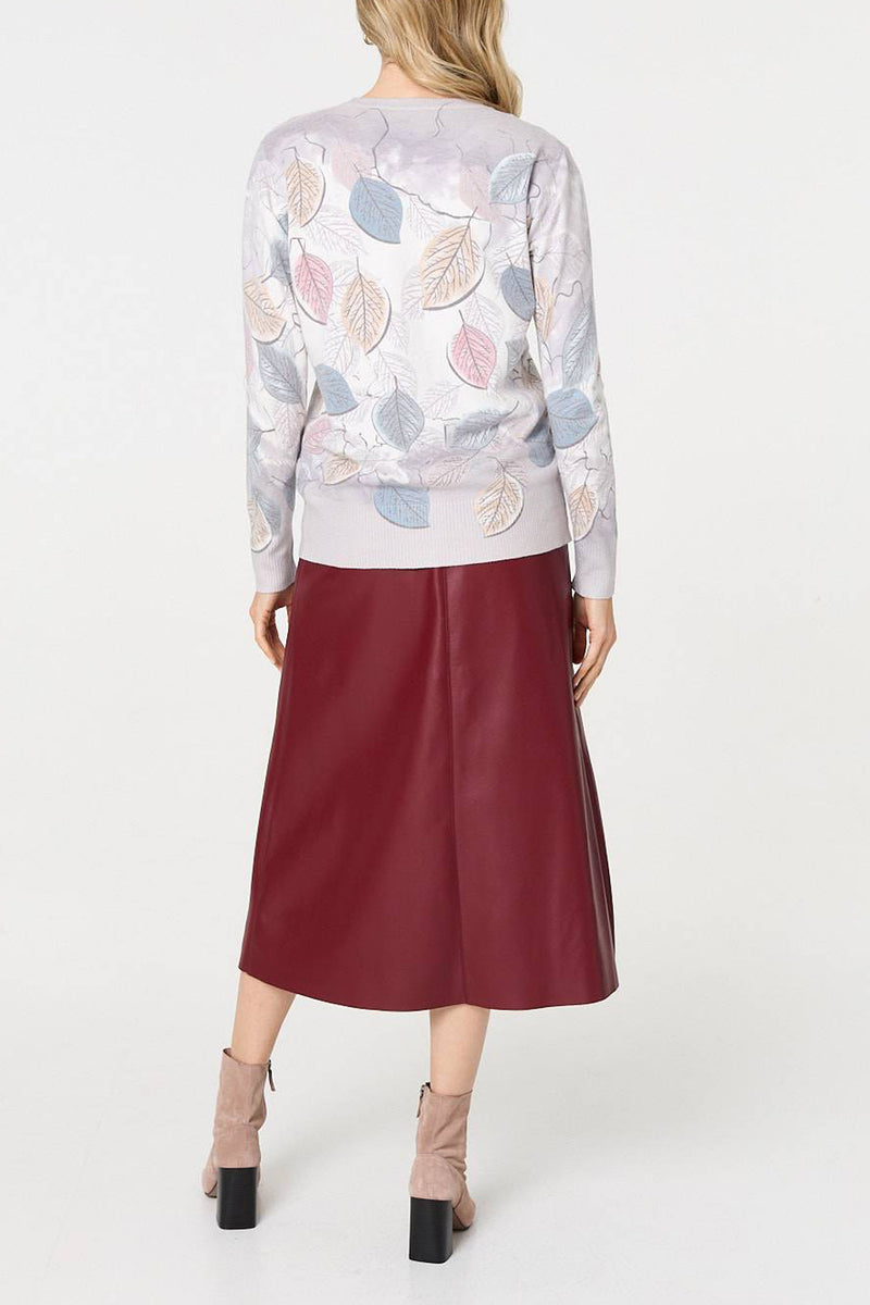 GREY | Leaf Print Sequin Embellished Jumper