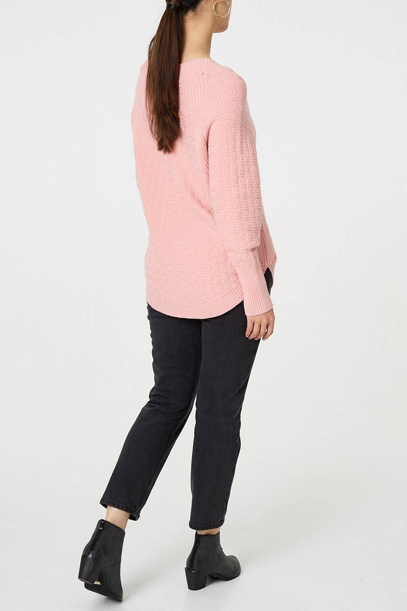PINK | Textured Knit Relaxed Curve Hem Jumper