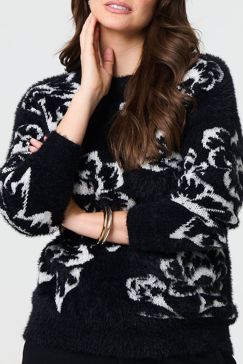 BLACK | Floral Soft Knit Long Sleeve Jumper