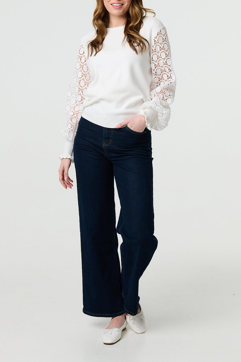 WHITE | Lace Sleeve Semi Sheer Knit Jumper