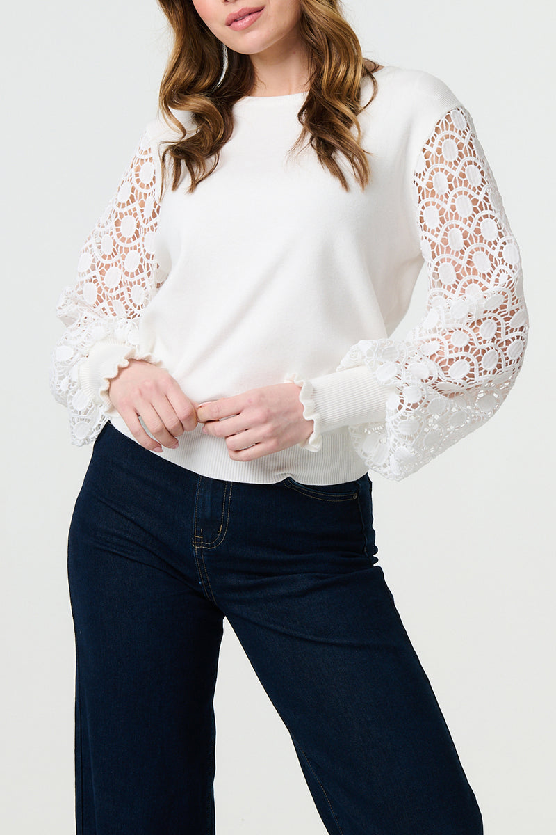 WHITE | Lace Sleeve Semi Sheer Knit Jumper