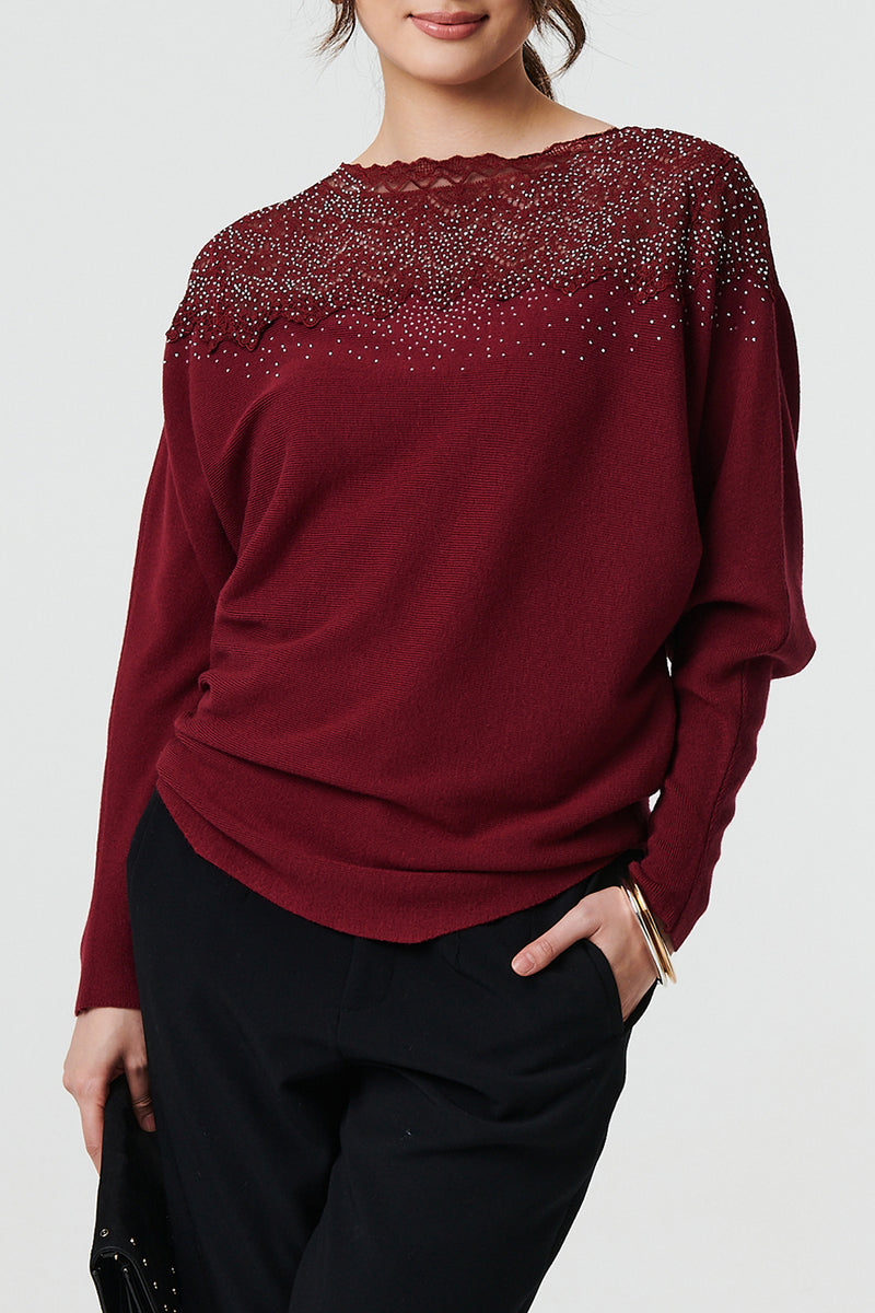 WINE | Sparkly Lace Trim Batwing Sleeve Jumper