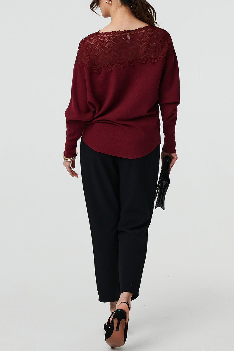 WINE | Sparkly Lace Trim Batwing Sleeve Jumper