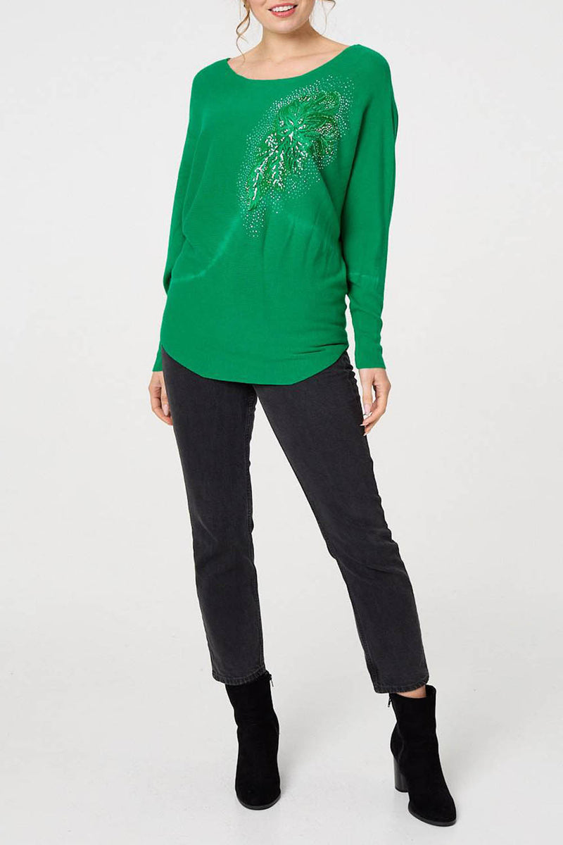 GREEN | Diamante Embellished Relaxed Tunic Top