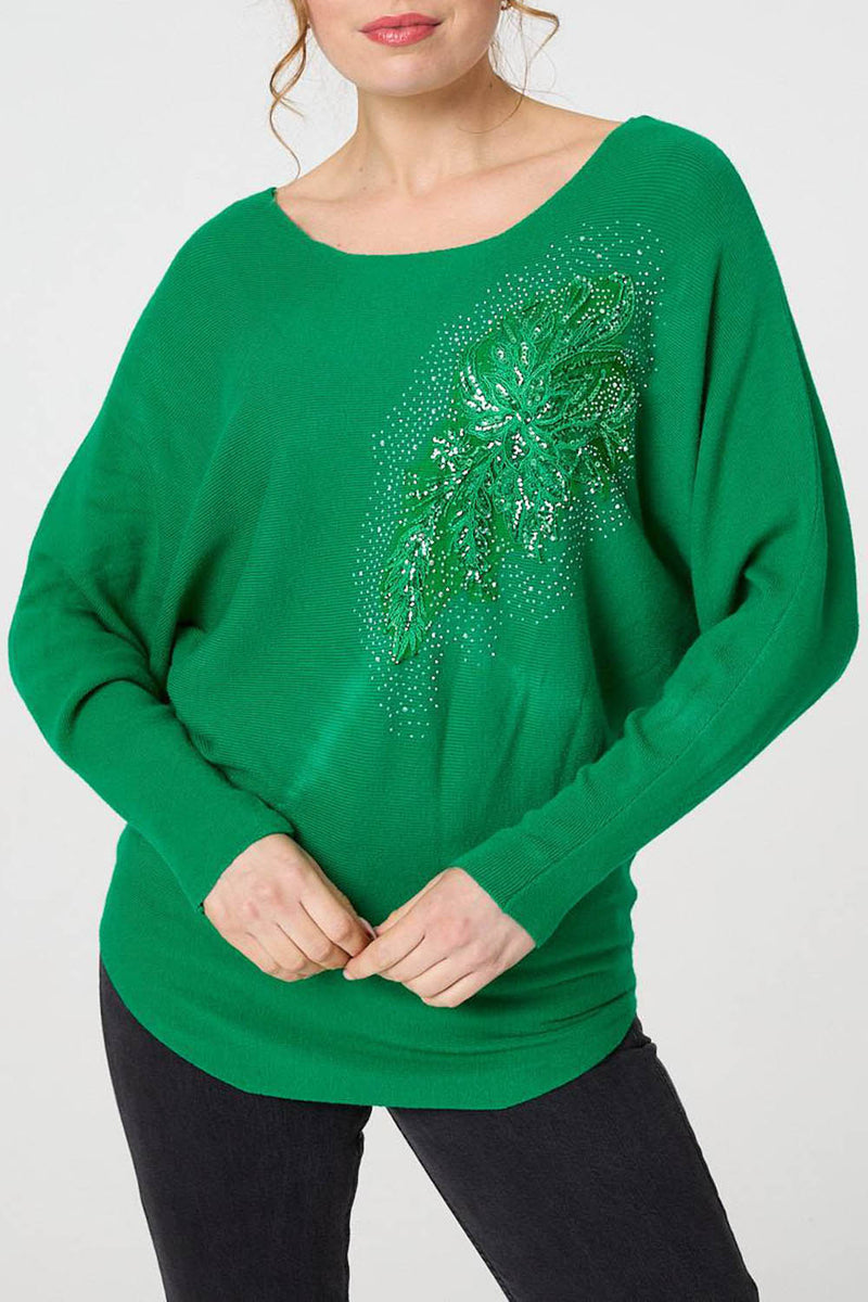 GREEN | Diamante Embellished Relaxed Tunic Top