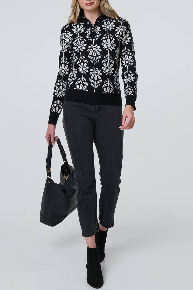 MULTI BLACK | Floral Zip-Up High Neck Pullover