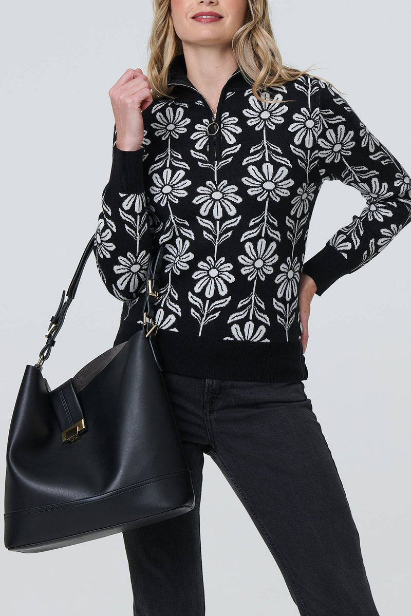 MULTI BLACK | Floral Zip-Up High Neck Pullover