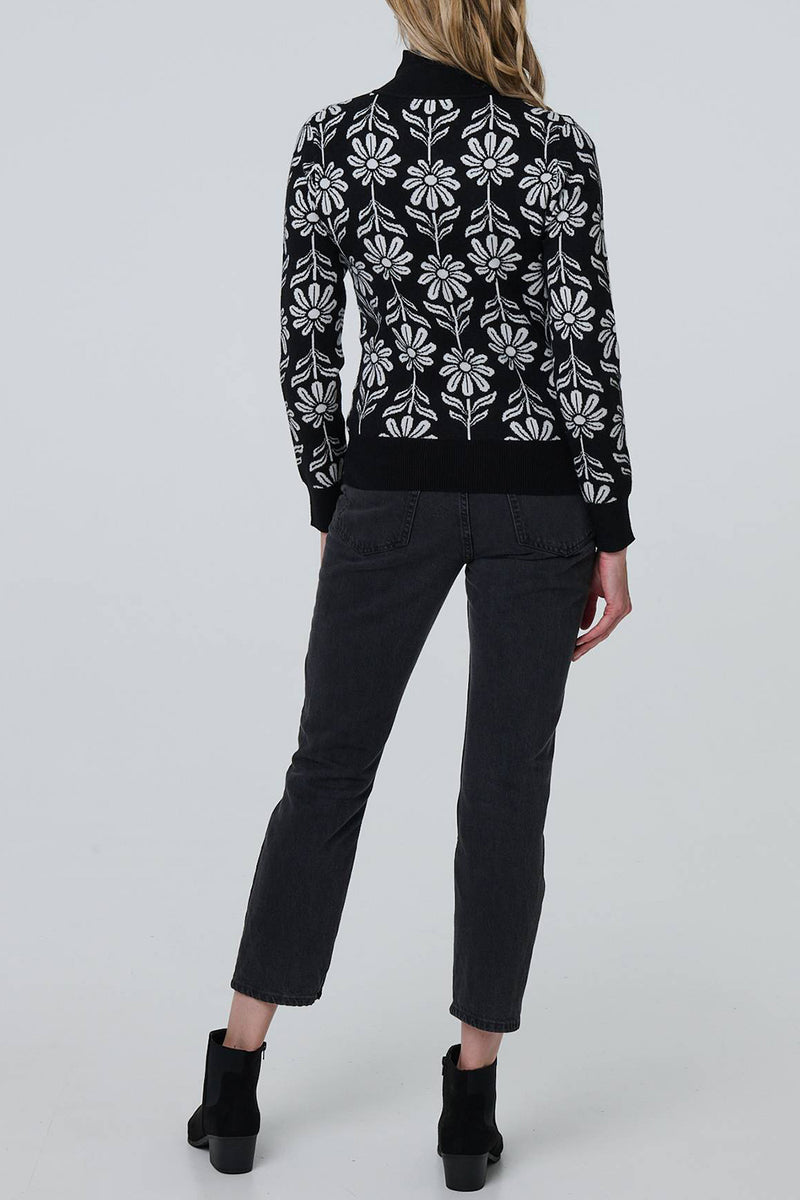 MULTI BLACK | Floral Zip-Up High Neck Pullover