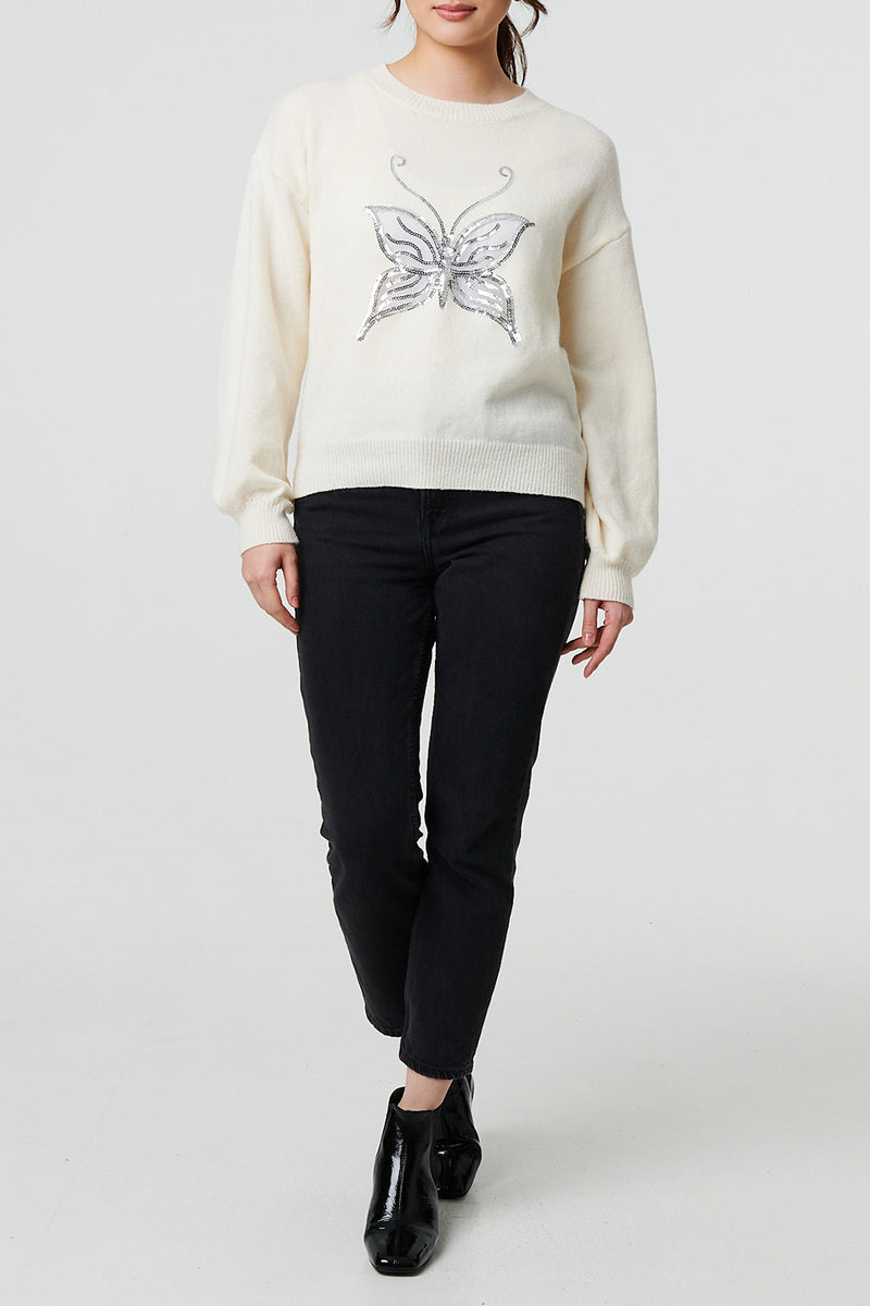WHITE | Sequin Butterfly Long Puff Sleeve Jumper