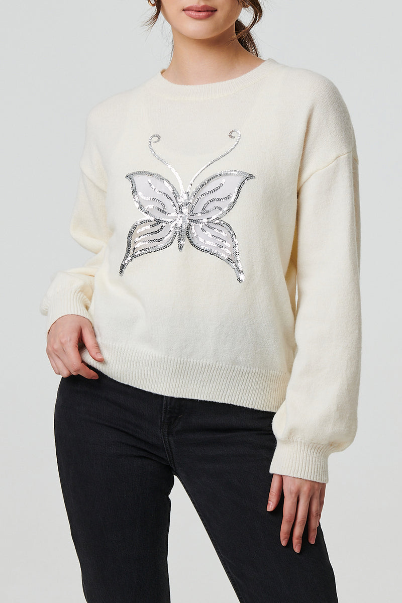 WHITE | Sequin Butterfly Long Puff Sleeve Jumper