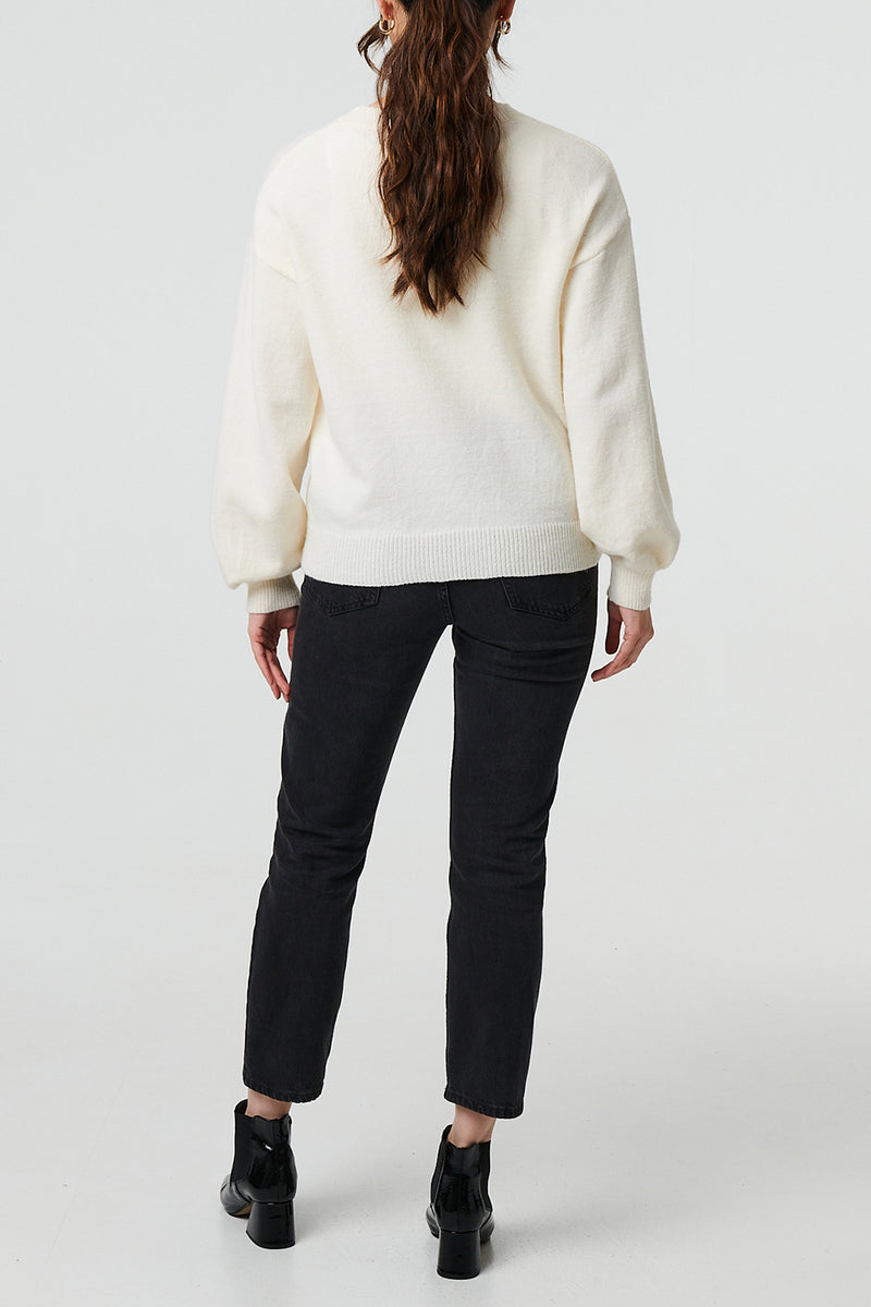 WHITE | Sequin Butterfly Long Puff Sleeve Jumper