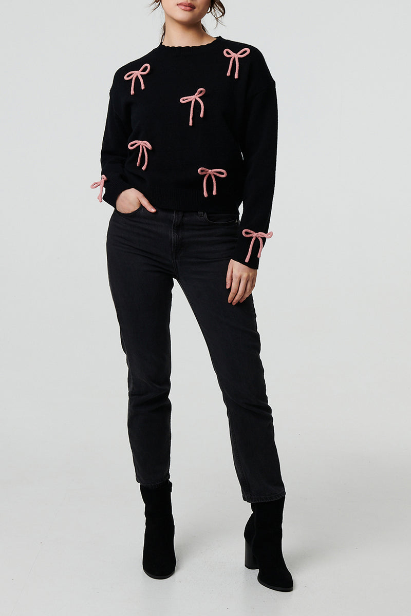 BLACK| Bow Embellished Cropped Jumper