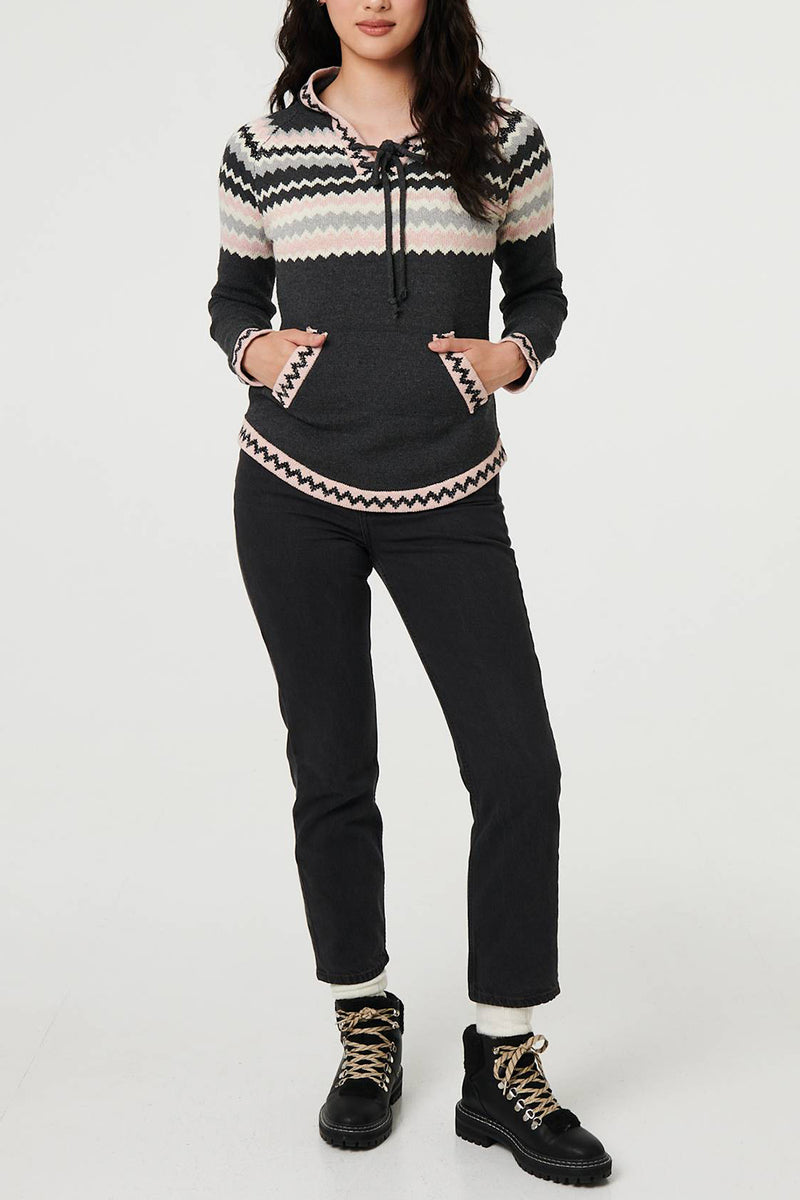 MULTI GREY | Chevron Print Tie Neck Hooded Pullover
