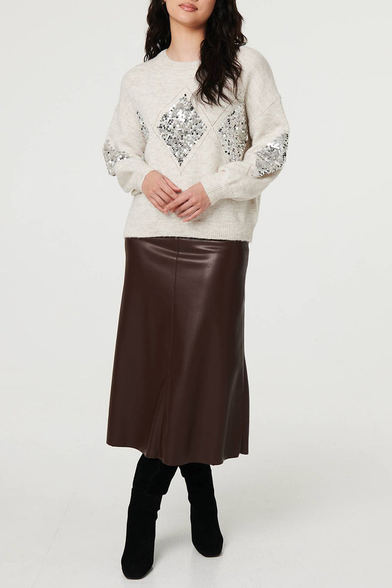 BEIGE | Diamond Sequin Drop Shoulder Jumper