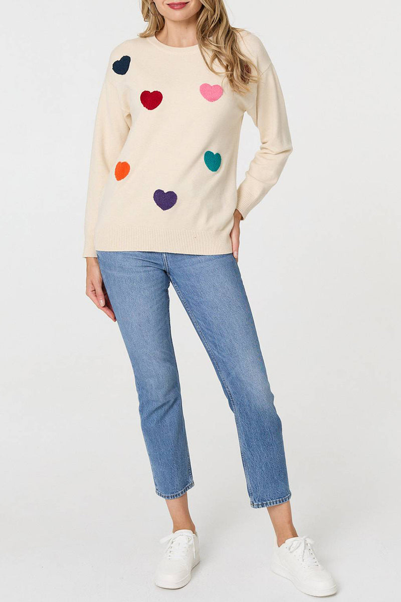 BEIGE | Heart Embellished Long Sleeve Jumper