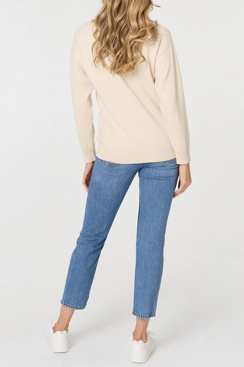 BEIGE | Heart Embellished Long Sleeve Jumper