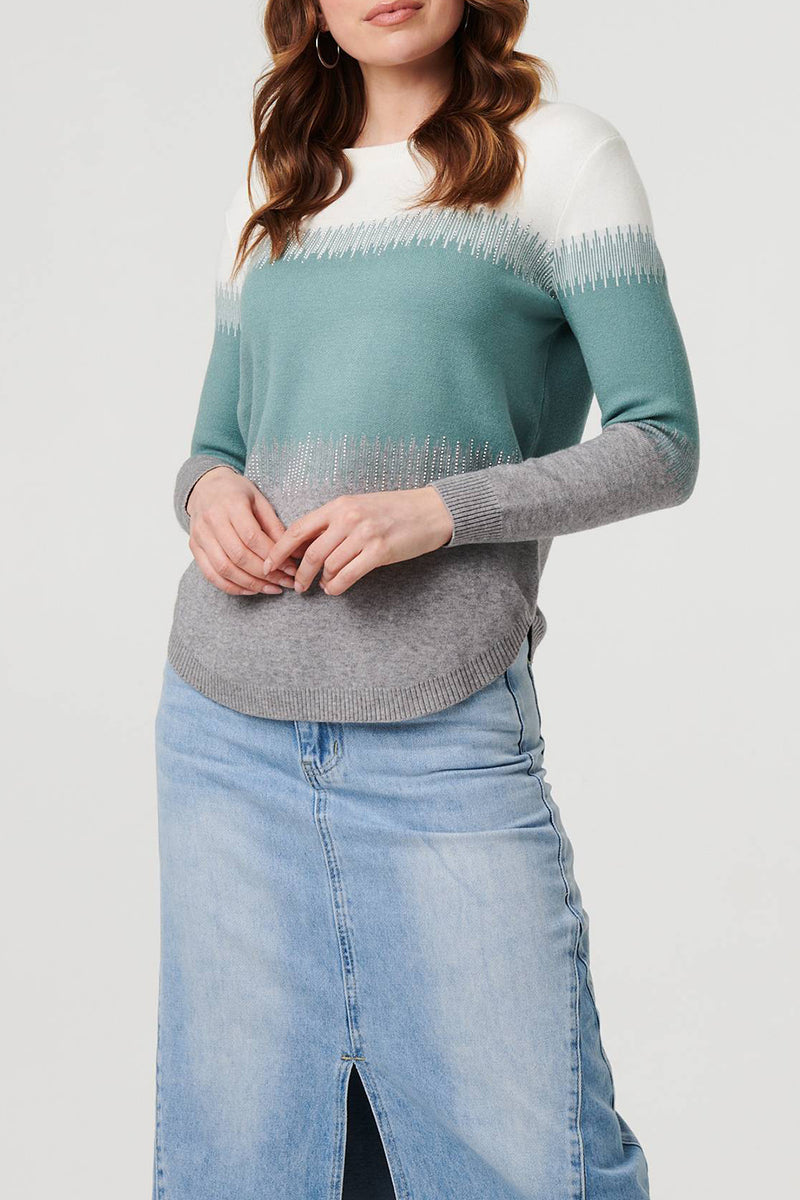 GREEN | Sparkly Colour Block Curve Hem Jumper