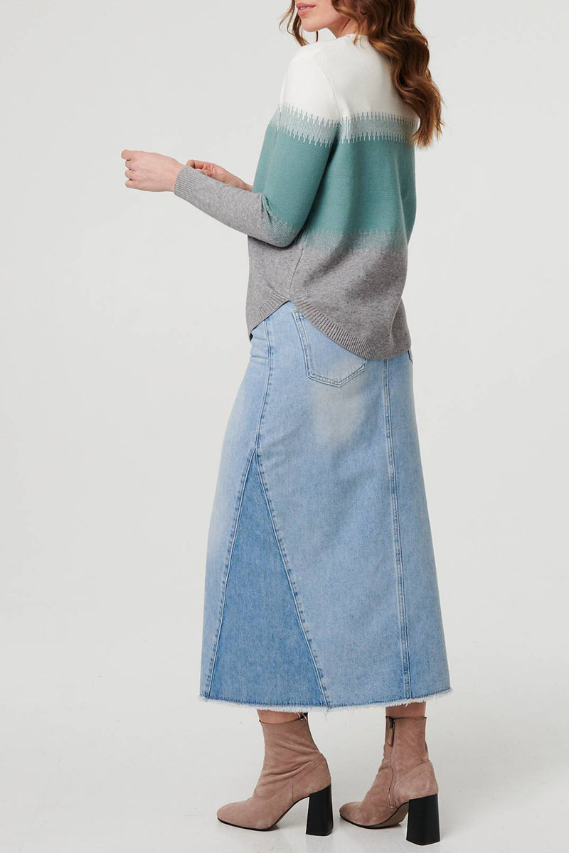 GREEN | Sparkly Colour Block Curve Hem Jumper