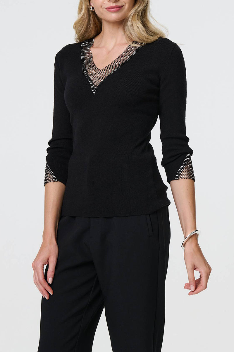 BLACK | Diamante Trim 3/4 Sleeve Fitted Knit Top