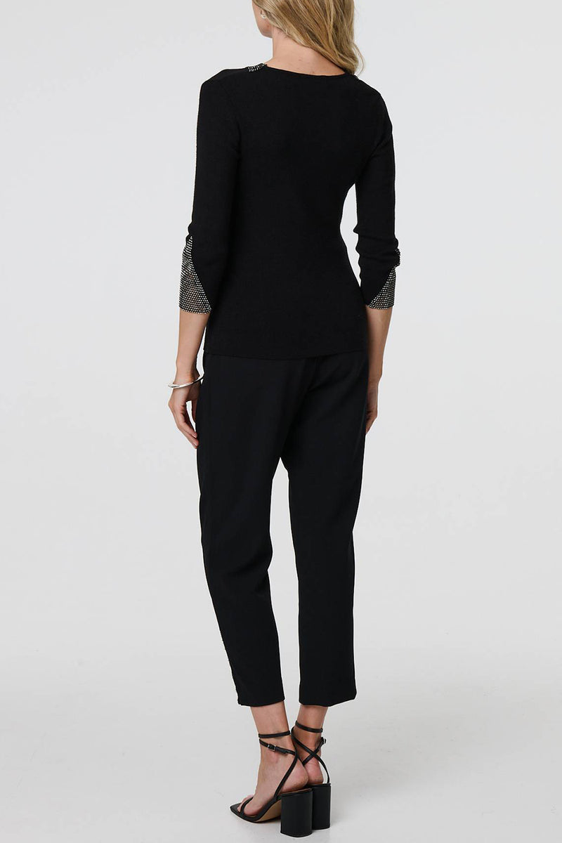 BLACK | Diamante Trim 3/4 Sleeve Fitted Knit Top