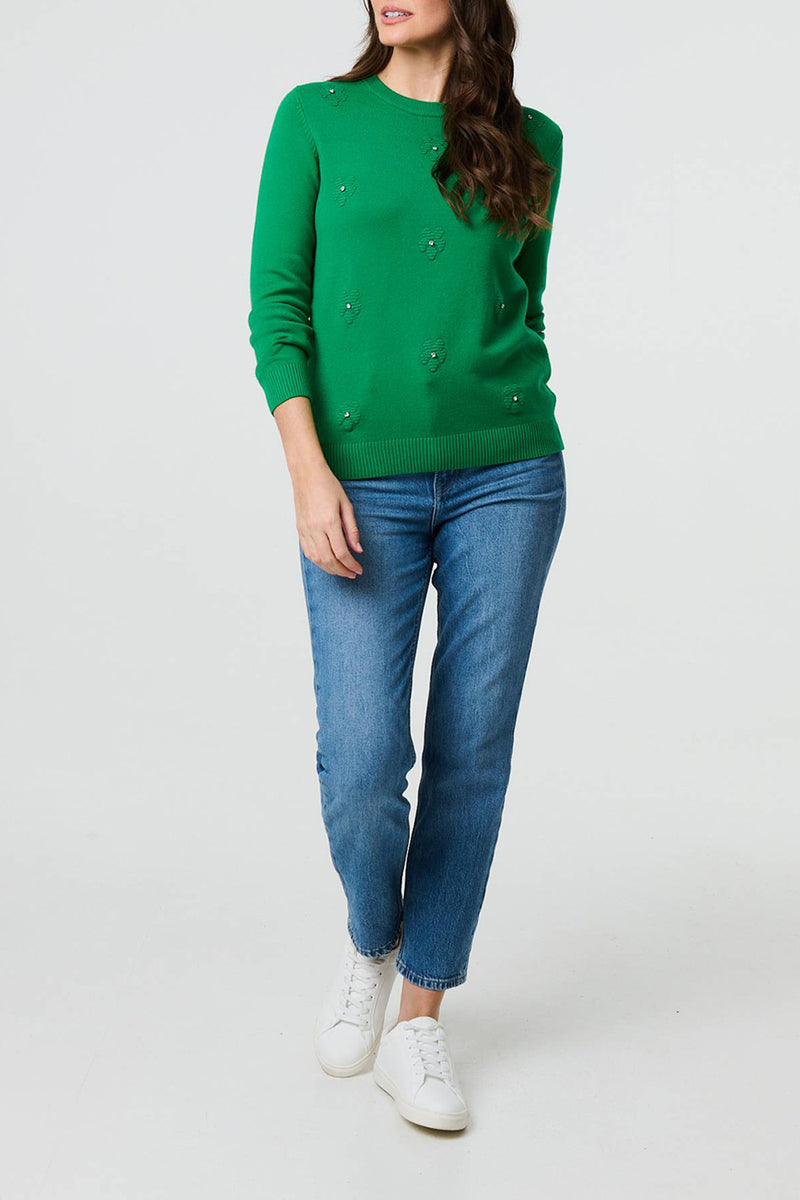 APPLE_GREEN | Floral Sequin Trim Long Sleeve Jumper