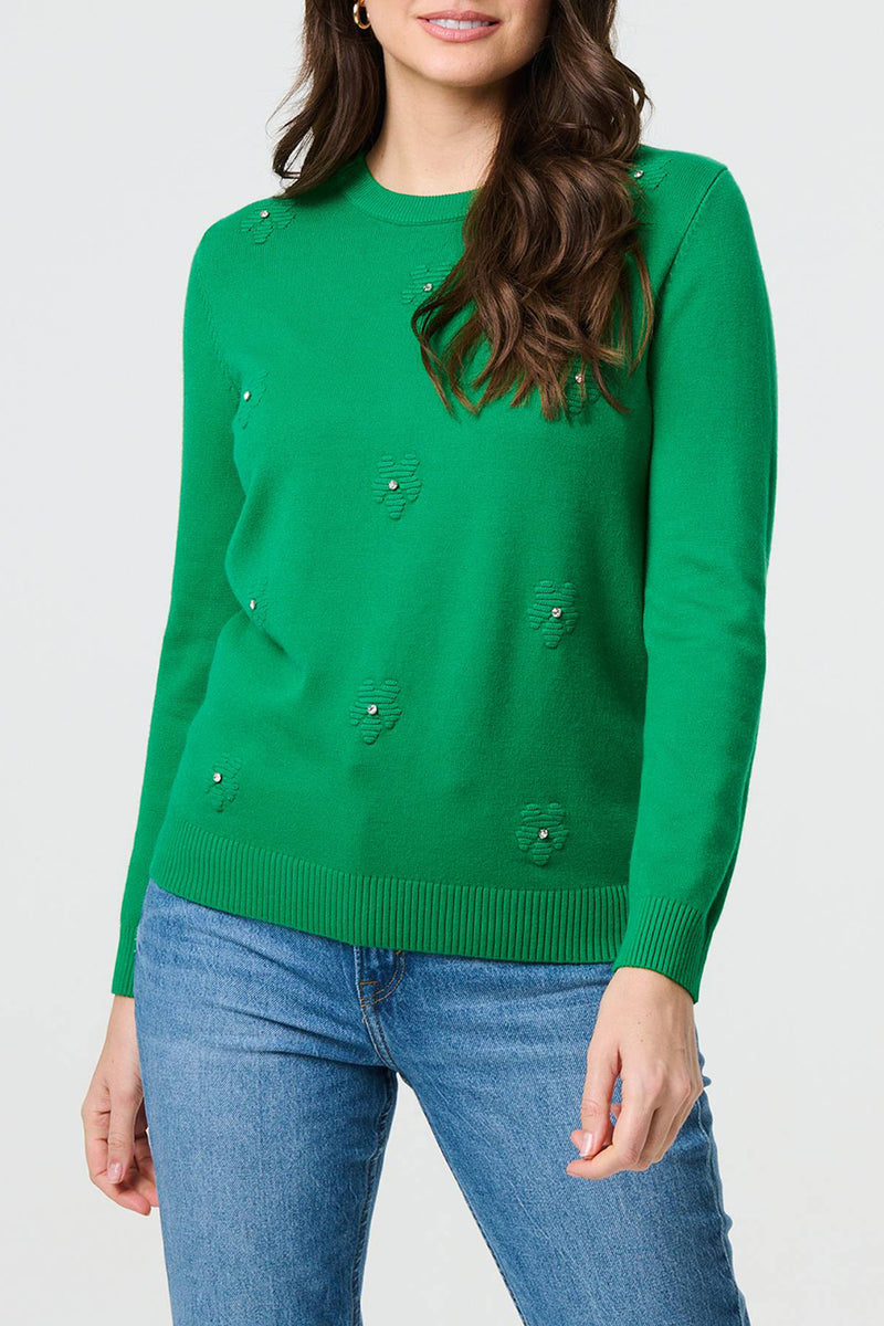 APPLE_GREEN | Floral Sequin Trim Long Sleeve Jumper