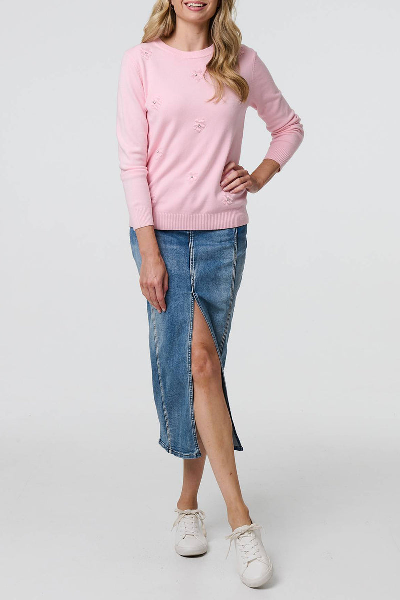 PINK | Floral Sequin Trim Long Sleeve Jumper