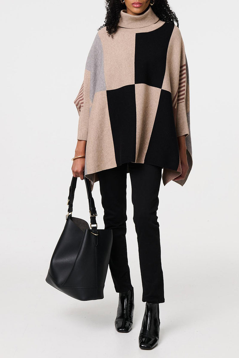 MULTI BEIGE | Colour Block Roll Neck Knit Poncho