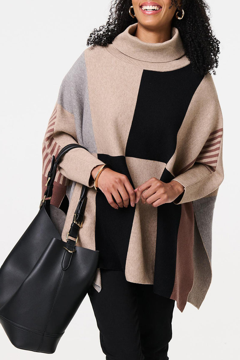 MULTI BEIGE | Colour Block Roll Neck Knit Poncho