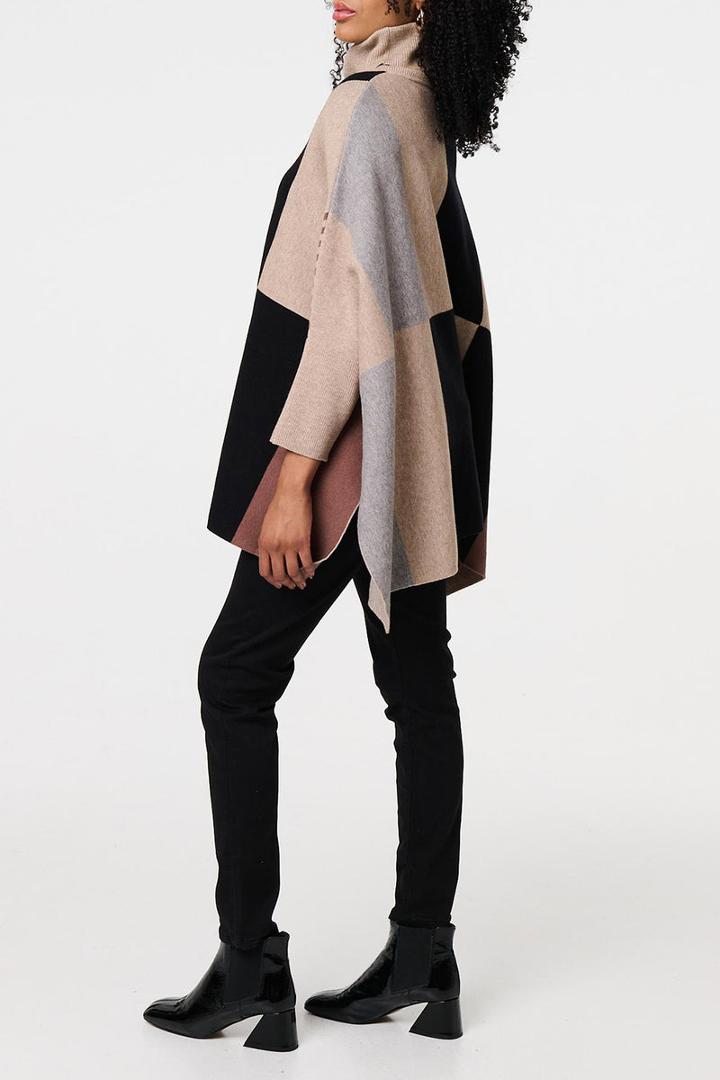 MULTI BEIGE | Colour Block Roll Neck Knit Poncho
