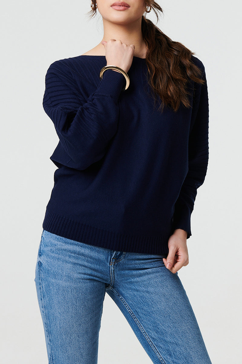 NAVY | Striped Texture Knit Boat Neck Jumper