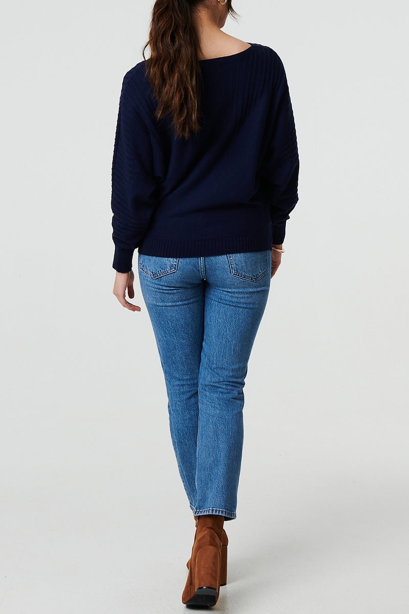 NAVY | Striped Texture Knit Boat Neck Jumper