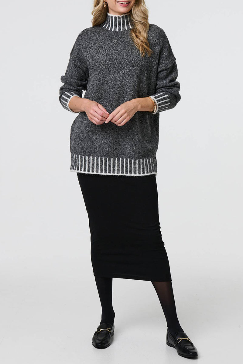 GREY | Striped Trim High Neck Relaxed Jumper