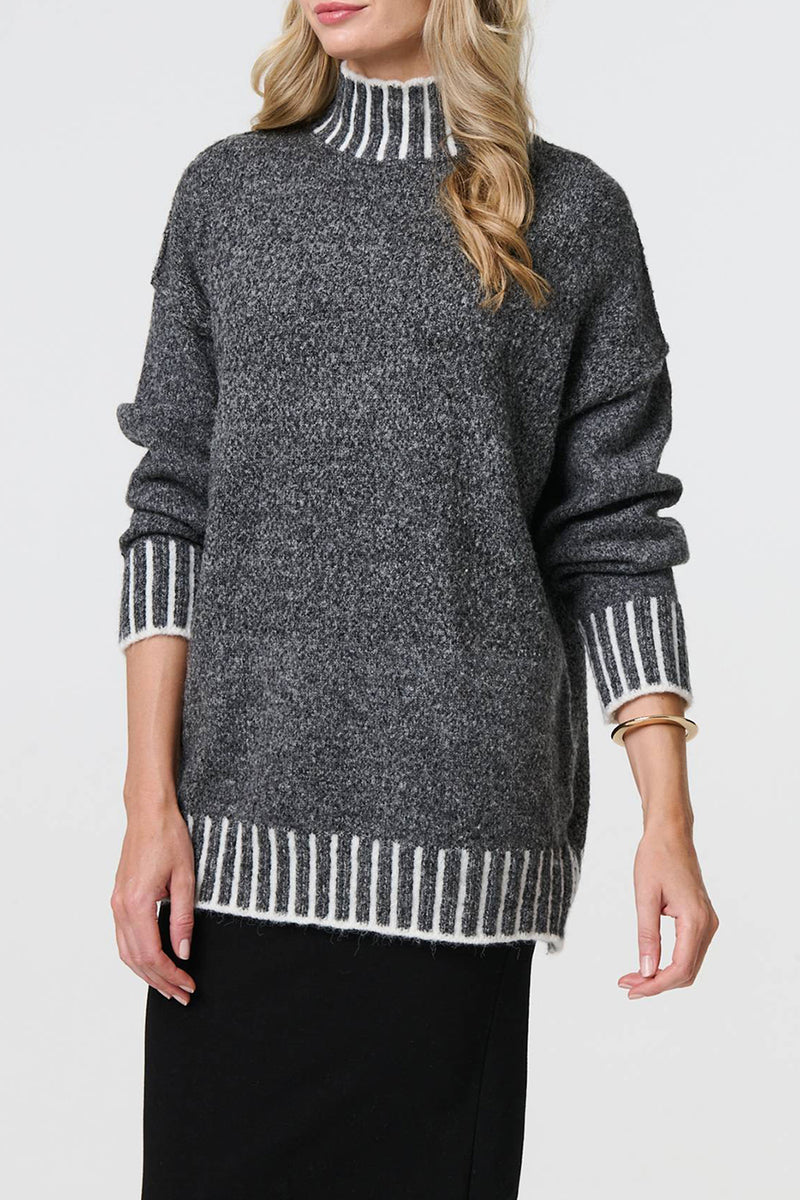 GREY | Striped Trim High Neck Relaxed Jumper