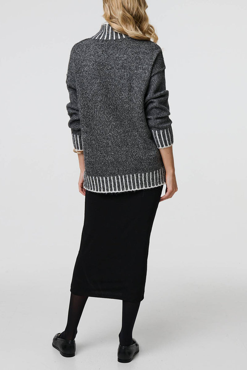 GREY | Striped Trim High Neck Relaxed Jumper