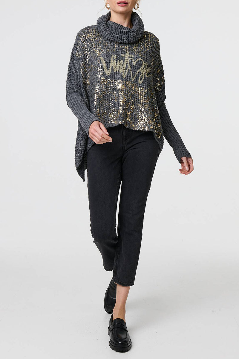 CHARCOAL | Metallic Print Relaxed Roll Neck Jumper