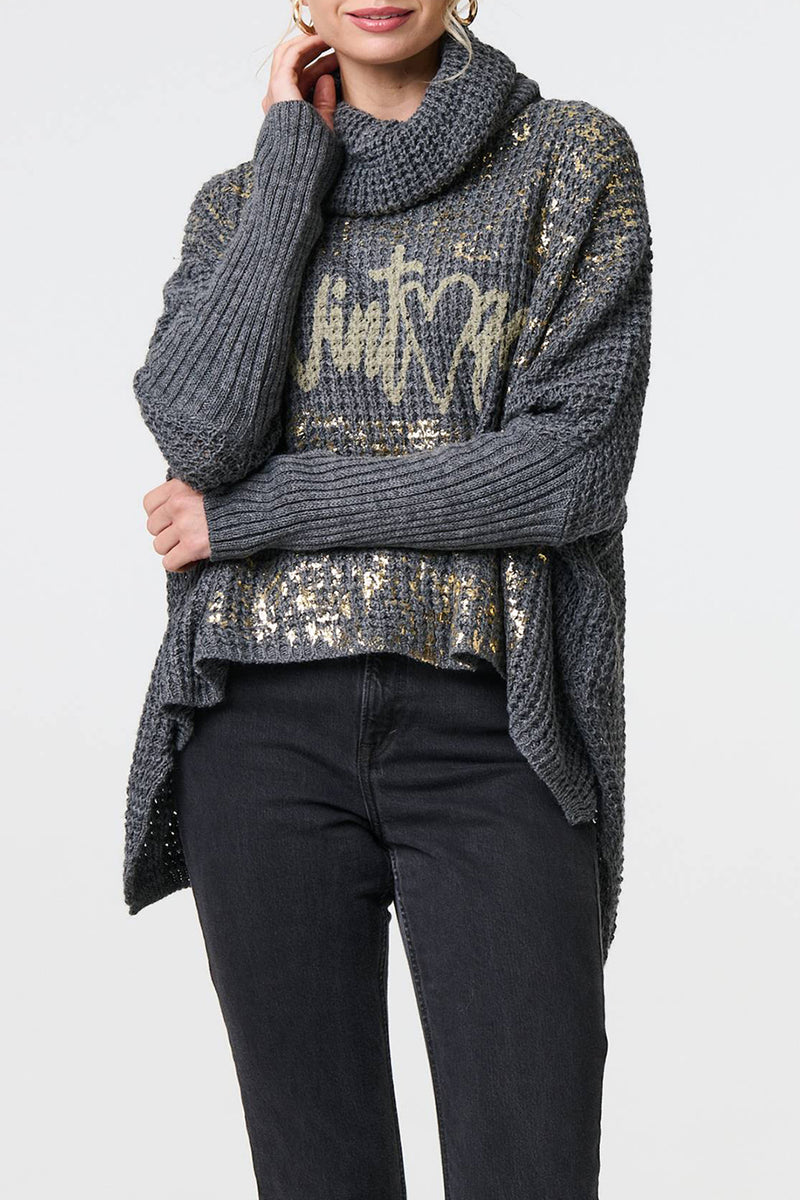 CHARCOAL | Metallic Print Relaxed Roll Neck Jumper