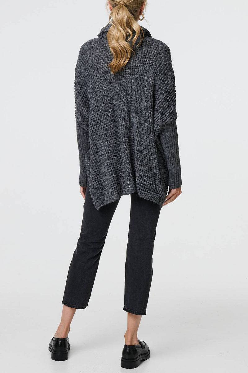 CHARCOAL | Metallic Print Relaxed Roll Neck Jumper
