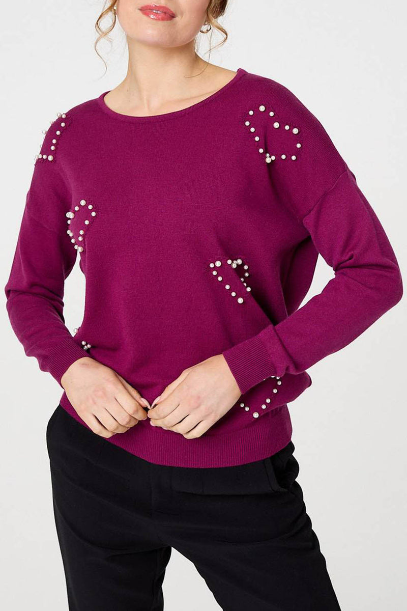 MAGENTA | Heart Embellished Boat Neck Jumper