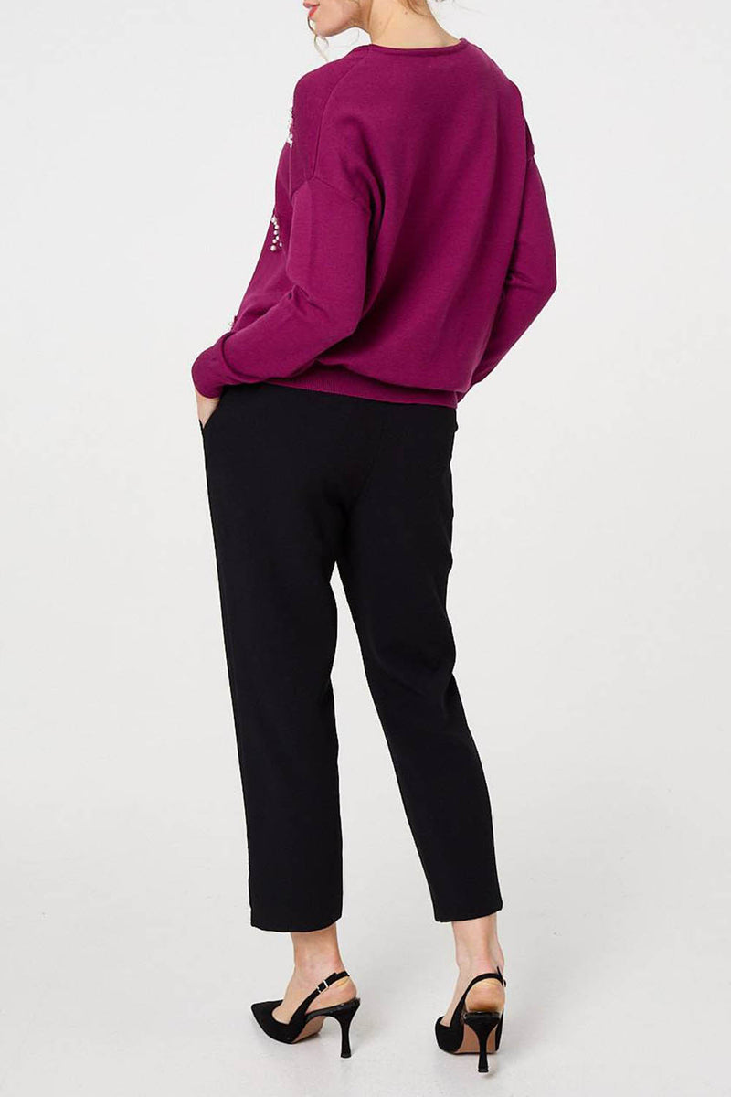 MAGENTA | Heart Embellished Boat Neck Jumper