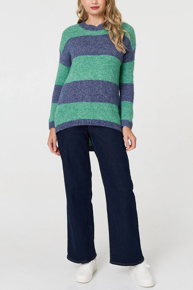 GREEN | Striped Drop Shoulder Curve Hem Jumper