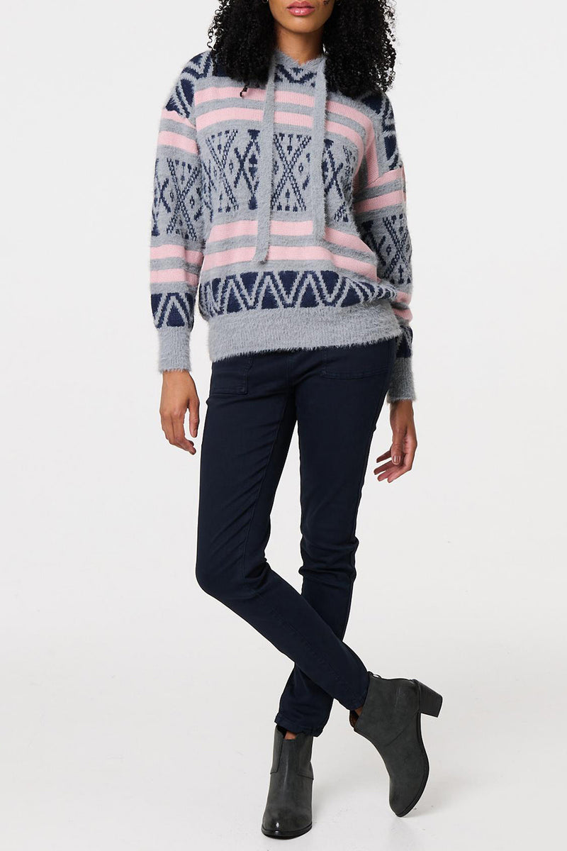 MULTI GREY | Fairisle Soft Knit Hooded Jumper