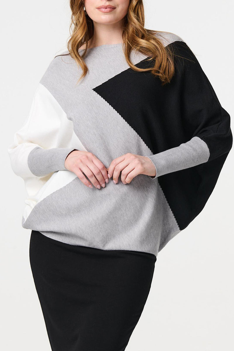 GREY | Colour Block Oversized Batwing Sleeve Jumper