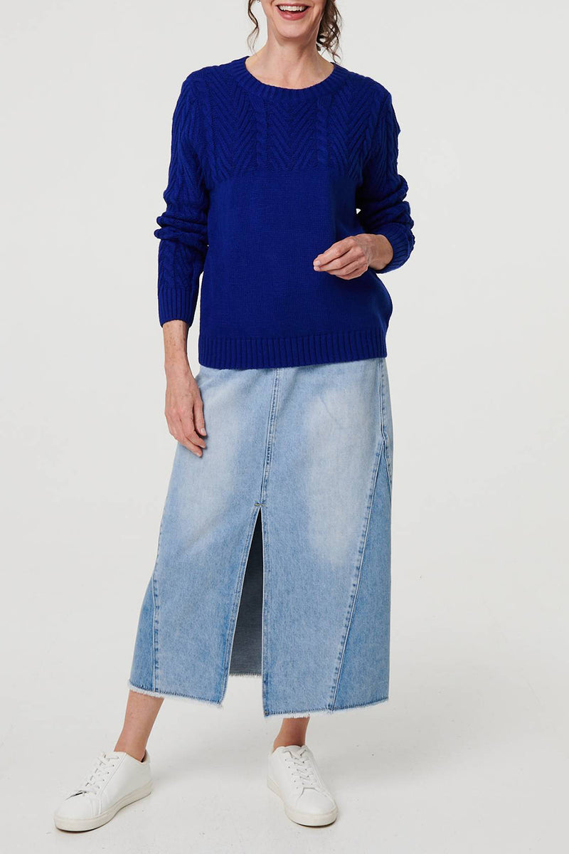 BLUE| Textured Crew Neck Knit Jumper