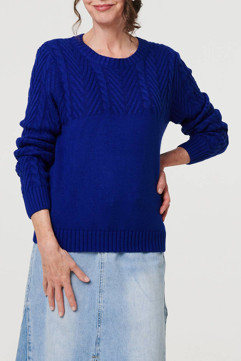 BLUE| Textured Crew Neck Knit Jumper