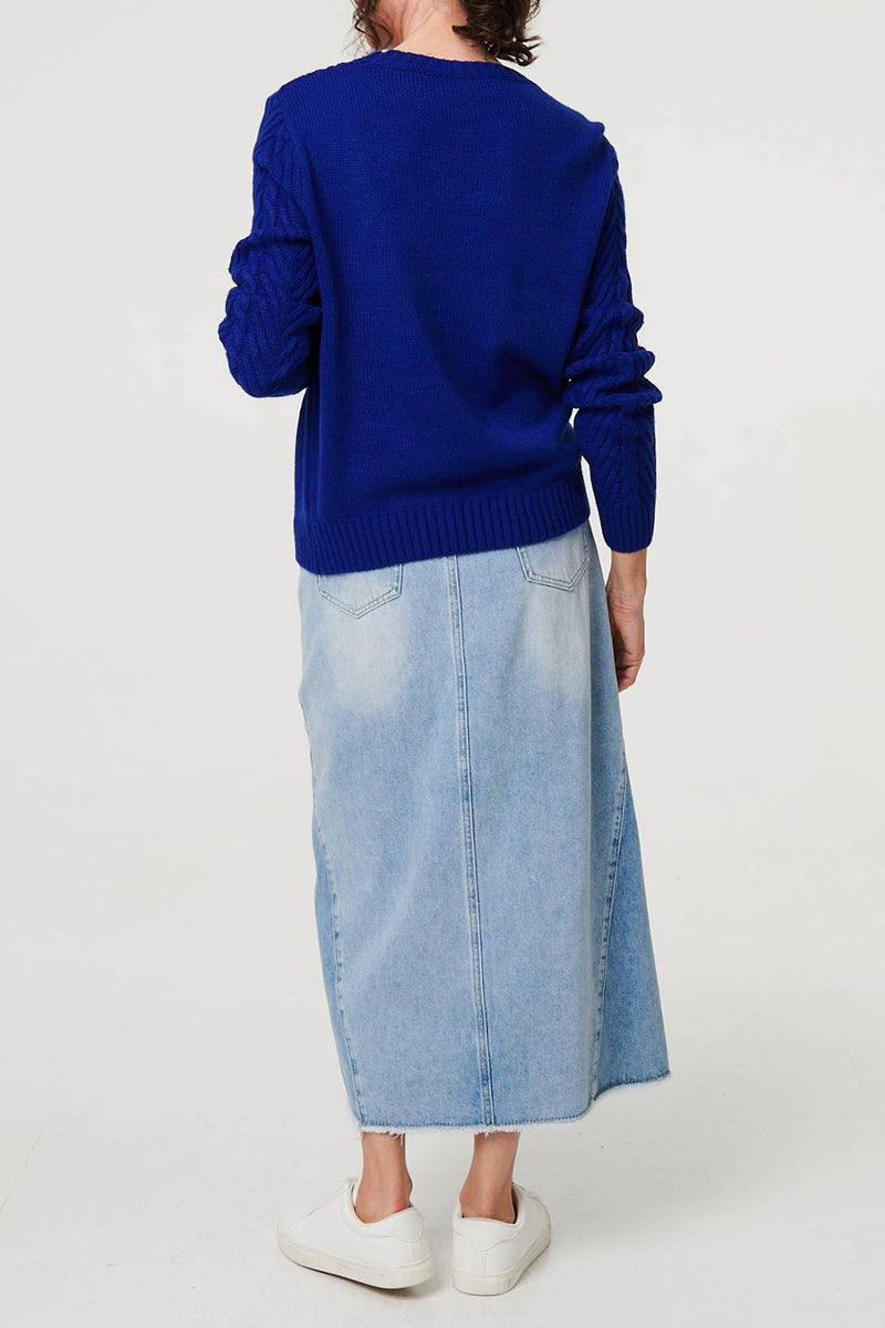 BLUE| Textured Crew Neck Knit Jumper