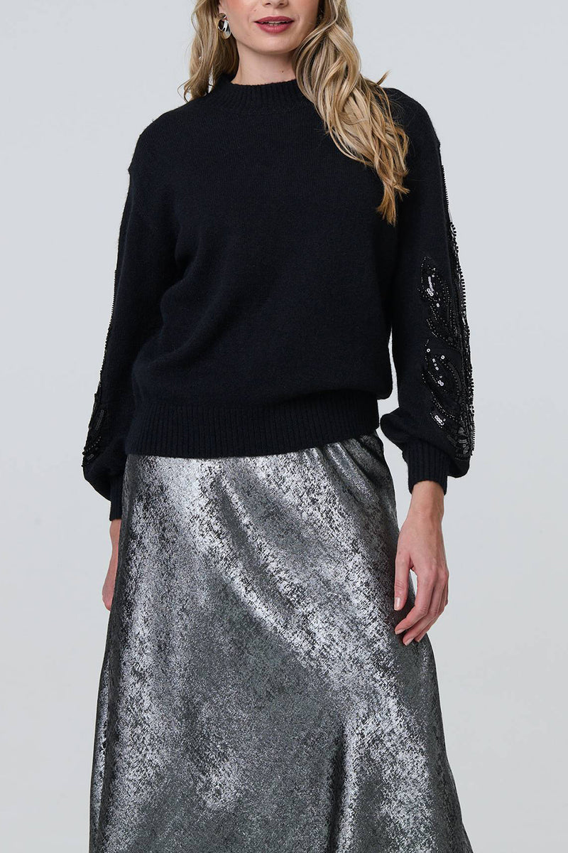 BLACK | Sequin Embellished Puff Sleeve Jumper