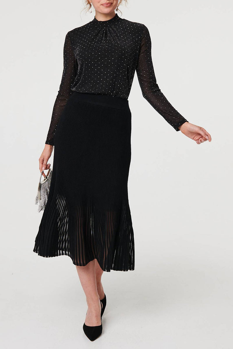 BLACK | Semi Sheer Layered Pleated Midi Skirt